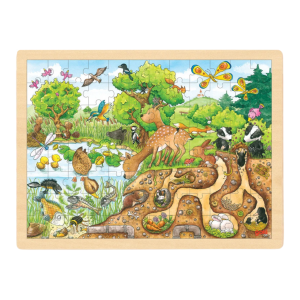 Houten puzzel met bosdieren en ondergrondse gangen illustratie