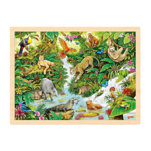 Houten puzzel jungle met jaguar, aap, toekan en krokodil