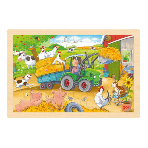 Houten puzzel boerderij met tractor, hooi en boerderijdieren