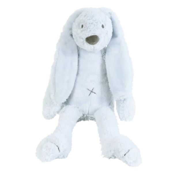 Pluche konijn, zacht materiaal, lichtblauw met X-stiksel op de buik