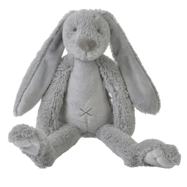 Pluche konijn, zacht materiaal, grijs met X-stiksel op de buik