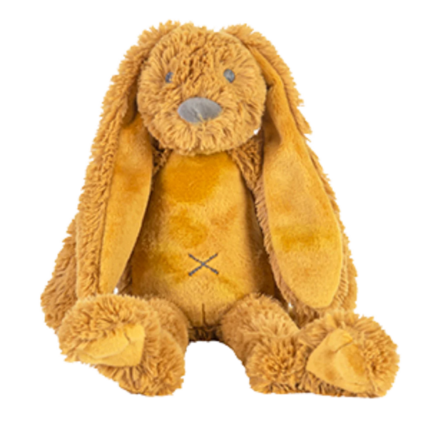 Pluche konijn, zacht materiaal, bruine kleur met X-stiksel op de buik