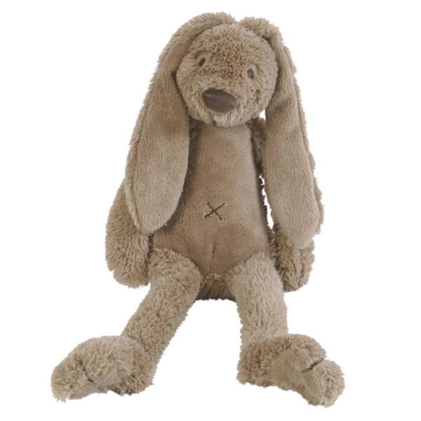 Pluche konijn, zacht materiaal, bruin met X-stiksel op de buik