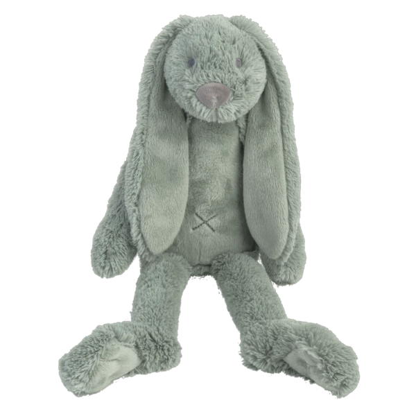 Pluche konijn, zacht materiaal, grijsgroen met X-stiksel op de buik