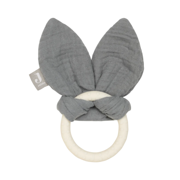 Bijtring siliconen ring met mousseline konijnenoren grijs