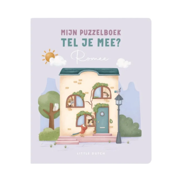 Puzzelboek karton met huisillustratie en titel Tel je mee