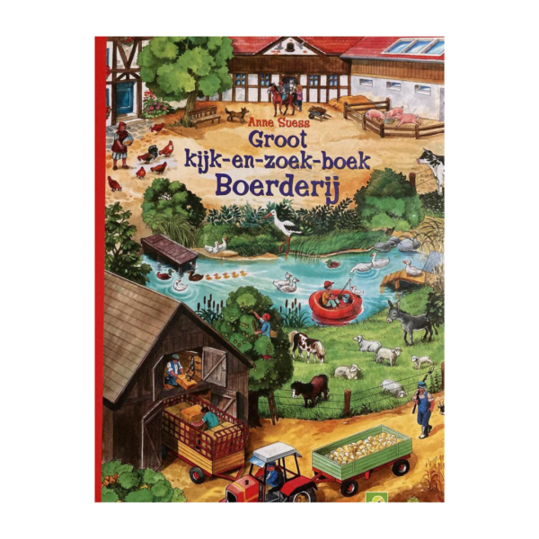 Groot kijk- en zoekboek Boerderij van Anne Suess met een gedetailleerde boerderijscène vol dieren en activiteiten