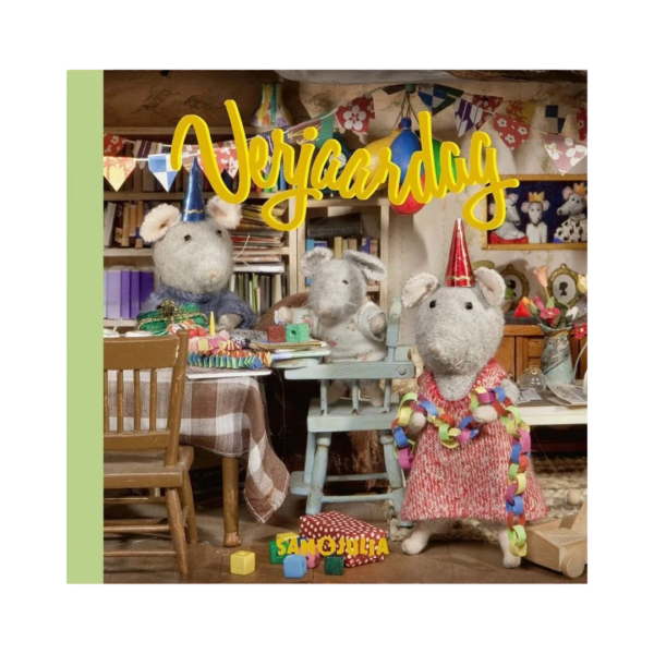 Verjaardagsscène met twee muizen met feesthoedjes en kleurrijke decoraties