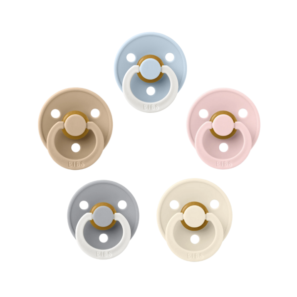 Set van vijf BIBS fopspenen in verschillende pastelkleuren met een gouden ring