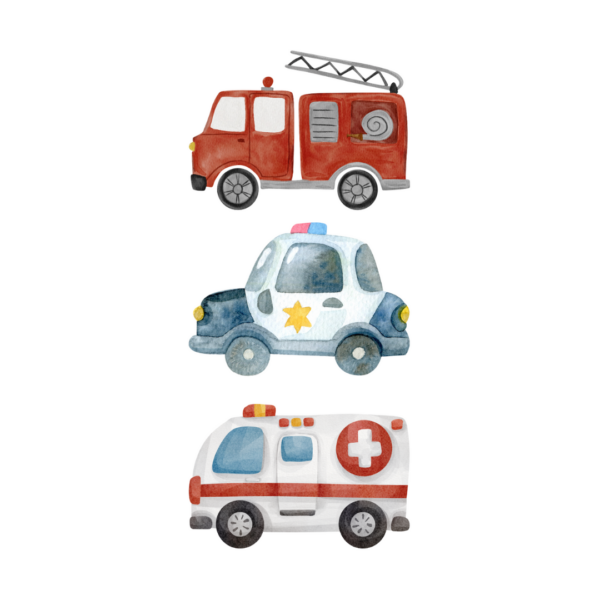 Wenskaart met een illustratie van een brandweerwagen, politieauto en ambulance in waterverf