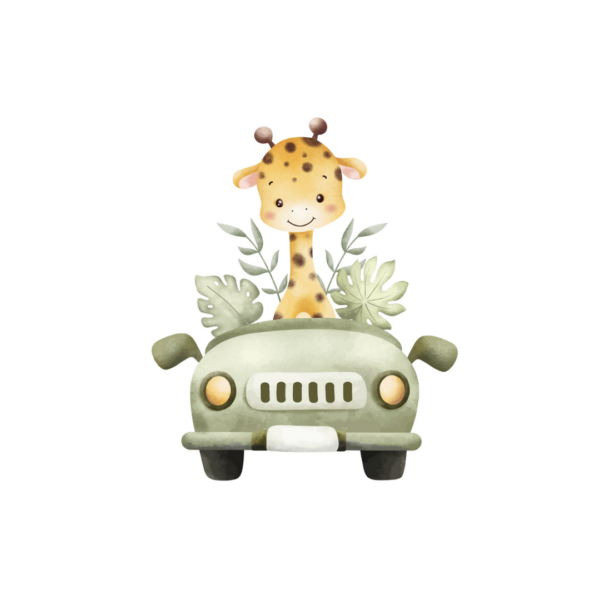 Wenskaart met een illustratie van een giraffe in een auto met bladeren in de mand