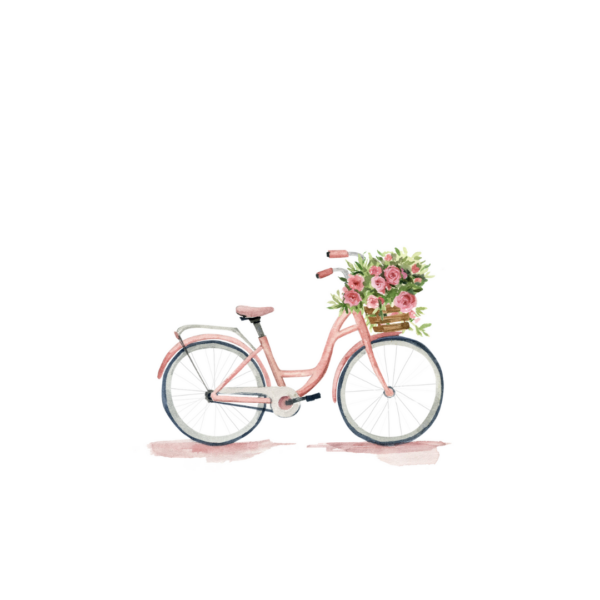 Wenskaart met een afbeelding van een roze fiets met een bloemenmand