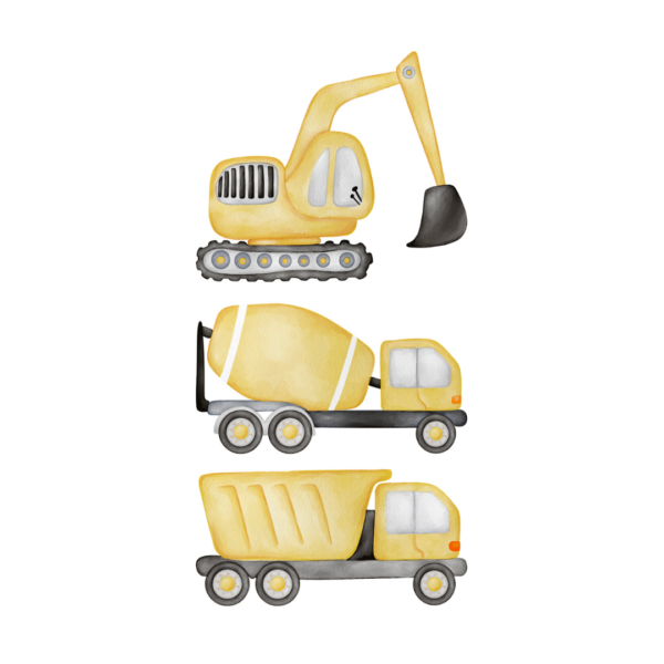 Wenskaart van bouwvoertuigen: graafmachine, betonmixer en kiepwagen, geschikt voor kinderen