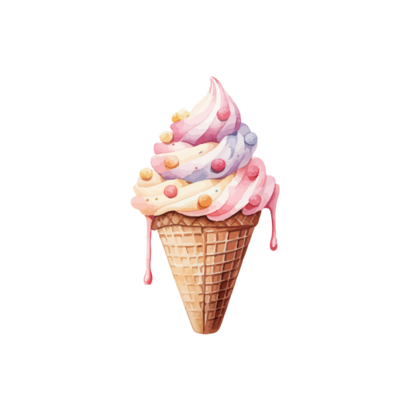 Wenskaart met een afbeelding van een ijshoorntje met gesmolten ijs, gekleurde snoepjes erop