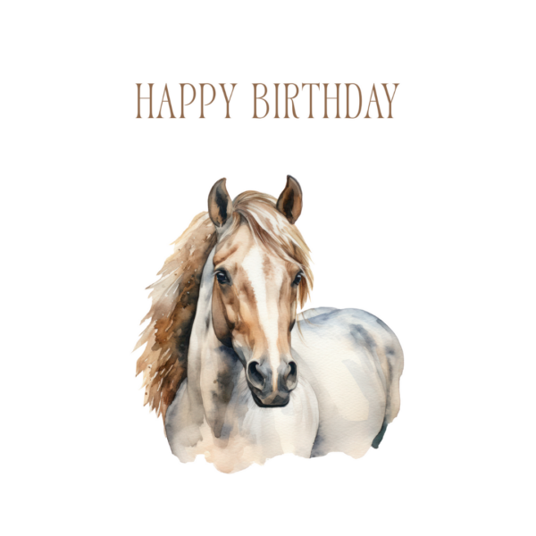 Wenskaart met een schilderij van een paard, met de tekst Happy Birthday erboven