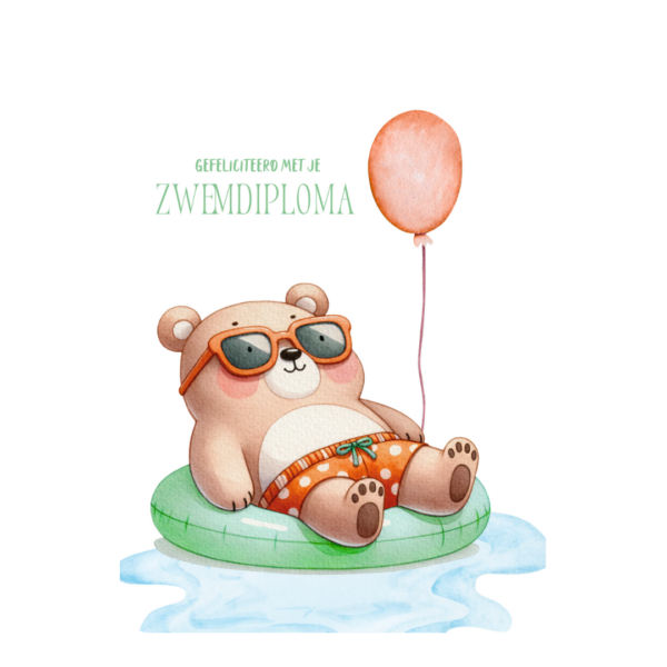 Wenskaart met de afbeelding van een beer in een zwemband, met een ballon en zwemdiploma