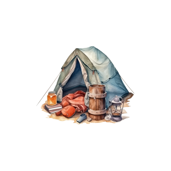 Wenskaart van een kampeertent met kampeerbenodigdheden zoals een zaklamp, boeken en een vat
