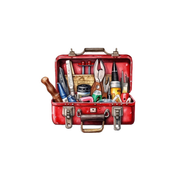 Wenskaart van een rode gereedschapskist met diverse gereedschappen zoals een tang en schroevendraaier