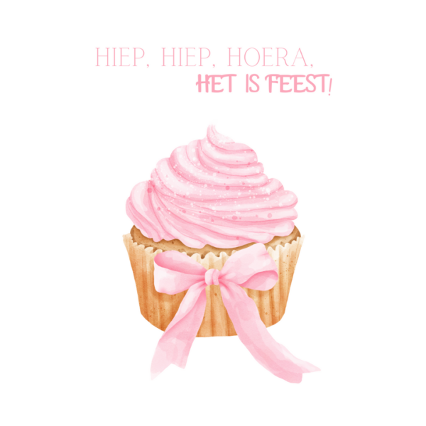 Feestelijke wenskaart cupcake met roze glazuur en strik, tekst Hiep, hiep, hoera, het is feest!