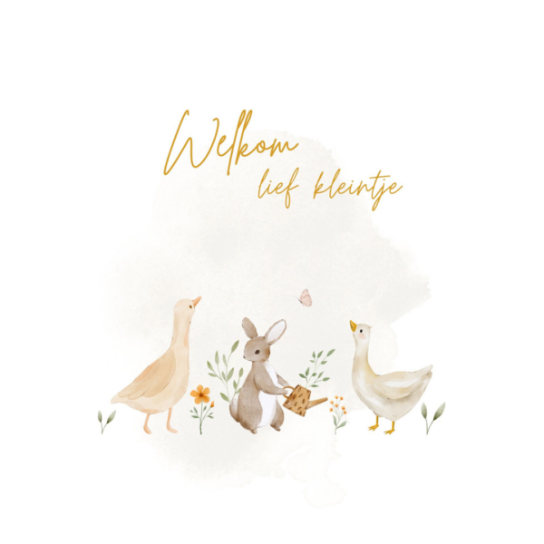 Geboortekaart met dierenillustraties, waaronder een konijn en eend, tekst 'Welkom lief kleintje'