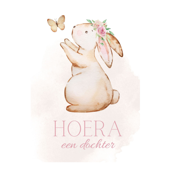 Kaart, papier, konijn met bloemenkrans en vlinder