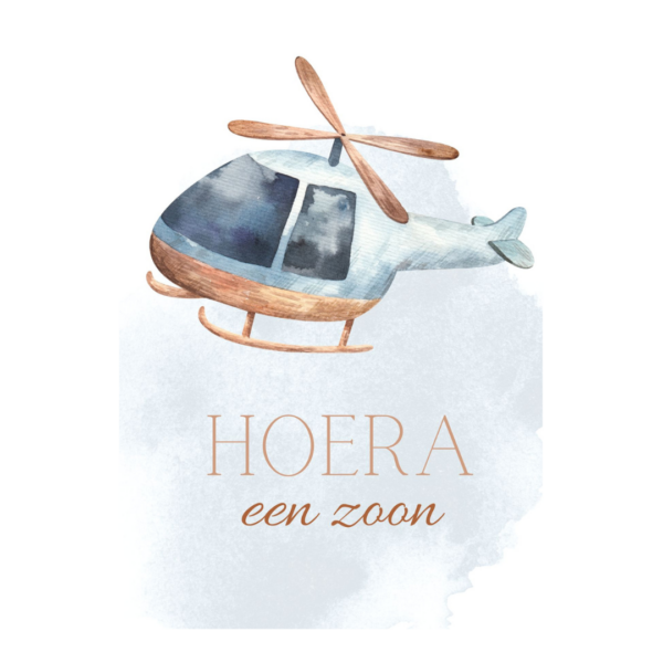 Kaart, papier, helikopter met tekst Hoera een zoon