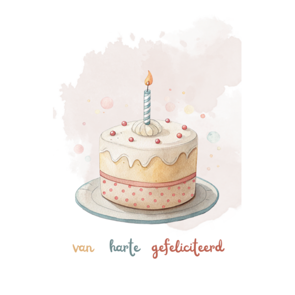 Kaart, papier, verjaardagstaart met kaars en versiering