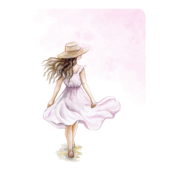 Kaart, papier, meisje in witte jurk met hoed wandelend